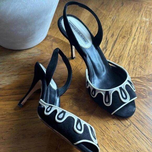 Manolo Blahnik Black White Slingback Heels Size 5.5 Suede Peep Toe Designer - Picture 2 of 7